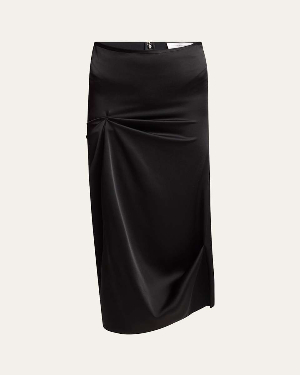 Draped Pleat Satin Midi Skirt
